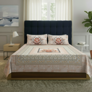 FeelsGood Home Decor | Premium Pure Cotton Double Bedsheet with 2 Pillow Covers | 230cm x 240cm | Beige Royal Floral Motif Design