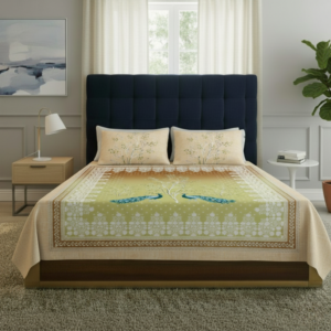 FeelsGood Elegant Peacock Design Double Bed Bedsheet with 2 Pillow Covers | 100% Pure Cotton | 230 x 240 cm | Beige & Green Print |