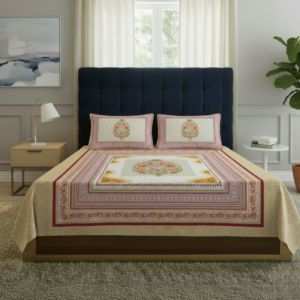 FeelsGood Home Decor 100% Pure Cotton Double Bed Bedsheet with 2 Pillow Covers | Beige & Multicolor Ethnic Floral Design | Soft & Breathable Fabric (230 cm x 240 cm)