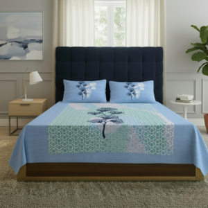 FeelsGood Home Decor | Premium Pure Cotton Double Bedsheet with 2 Pillow Covers | 230cm x 240cm | Sky Blue Ginkgo Floral Design