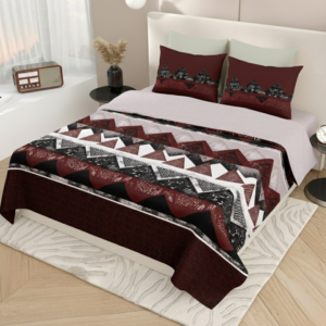 FeelsGood Home Decor 100% Pure Cotton King Size Bedsheet (108x108 Inches) | Bold Maroon & Black Geometric Chevron Pattern | Breathable & Durable with 2 Pillow Covers