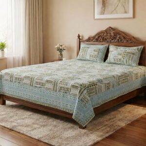 FeelsGood Queen Size Cotton Bedsheet | 100% Pure Cotton | Ethnic Geometric Design | Sage Green & Sky Blue Colour | 90x100 Inches | 1 Bedsheet with 2 Pillow Covers