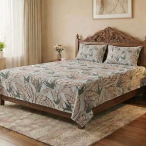 Feelgood Home Decor Luxury King Size Cotton Bedsheet (108" x 108") | Modern Beige & Green Tropical Leaf Print with 2 Pillow Covers | Soft & Breathable
