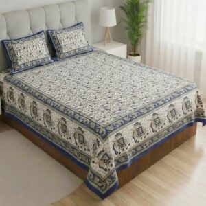 FeelsGood Queen Size Cotton Bedsheet | 100% Pure Cotton | Royal Elephant Ethnic Border Print | Navy Blue & Ivory Colour | 90x100 Inches | 1 Bedsheet with 2 Pillow Covers