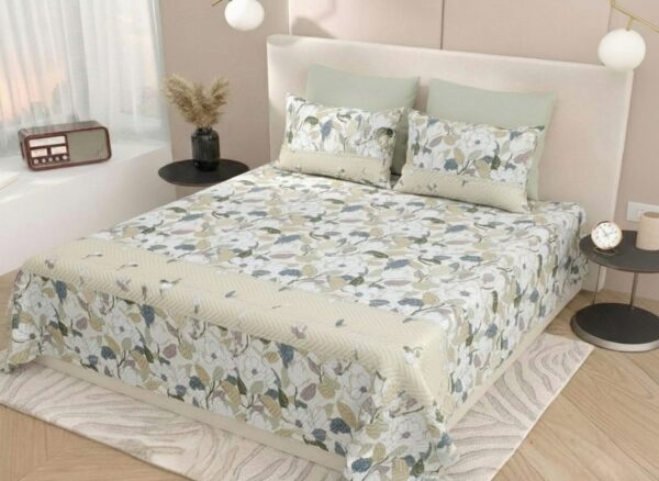 Give your bedroom a fresh and beautiful makeover with the FeelsGood Home Decor Floral Bedcover. Featuring a calming Sage Green and Pastel Floral print, this bedcover creates a peaceful and refreshing atmosphere in your room. It is designed to be as comfortable as it is elegant, making it perfect for daily use.Crafted from premium quality fabric, it offers a soft feel against the skin. The set includes two matching pillow covers, ensuring your bed looks complete and sophisticated.Product HighlightsBeautiful Design: Features a soft floral pattern with a stylish beige border for a refined look.Soft Fabric: The material is gentle on the skin and provides long-lasting comfort.Perfect Fit: Sized for a double bed, providing full coverage for a neat appearance.Complete Set: The package comes with one bedcover and two matching pillow covers.SpecificationsFeatureDetailsBrandFeelsGood Home DecorProductDouble Bed BedcoverDesignFloral PrintColorSage Green & CreamPackage Includes1 Bedcover + 2 Pillow CoversCare InstructionsMachine wash on a gentle cycle or hand wash with mild detergent. Dry in the shade to keep the colors looking new for a long time.