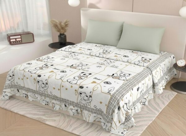 Wrap your little ones in the ultimate hug with the FeelsGood Home Decor ‘Junior Comfort’ Double Bed Kids Comforter. This premium bedding piece is thoughtfully designed to blend playful aesthetics with superior comfort. Featuring a charming Teddy Bear and Heart Doodle print on a clean white base, it adds a cheerful and modern touch to any child's bedroom.Crafted for all-season versatility, this comforter is filled with high-quality, lightweight microfiber that provides just the right amount of warmth for AC rooms in the summer or as a cozy layer during the winter months. The standout Checkered Frill Border not only enhances the durability but also gives it a unique, boutique-style designer finish.Product HighlightsPlayful & Modern Design: Features adorable hand-drawn style teddy bears and hearts with subtle gold accents for a premium look.Designer Frill Edge: Finished with a stylish checkered frill border that sets it apart from standard comforters.Ultra-Soft Comfort: Made from skin-friendly, breathable fabric that ensures a soft touch against your child's sensitive skin.Lightweight Warmth: Engineered to be an all-season essential—perfect as an AC quilt or a warm winter layer.Double Bed Size: Generously sized to provide full coverage for a double bed.SpecificationsFeatureDetailsBrandFeelsGood Home DecorProductPremium Kids Double Bed ComforterDesignTeddy Bear & Heart Doodle with Frill BorderMaterialSuper Soft Microfiber FillingSeasonAll-Season / AC QuiltPackage Includes1 Double Bed Comforter Only (Pillow covers are not included)Care InstructionsTo maintain the fluffiness and vibrant prints, we recommend a gentle machine wash in cold water with a mild detergent. Tumble dry on low or air dry in the shade to preserve the fabric's softness.