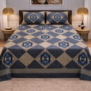 FeelsGood Home Decor | Royal Indigo Medallion Diamond King Size Bedsheet with 2 Pillow Covers | Navy & Antique Gold | 275cm x 275cm