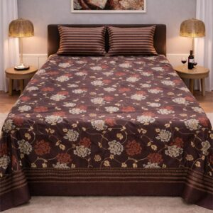 FeelsGood Home Decor | Coffee Brown Botanical Floral King Size Bedsheet with 2 Pillow Covers | Earthy Rust & Cream | 275cm x 275cm