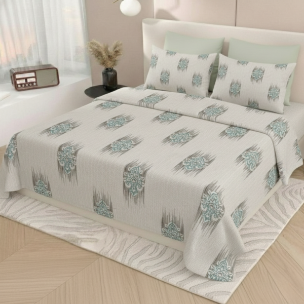 Premium King Size Cotton Bedsheet Set – Modern Art Deco Geometric Print Elevate Your Sanctuary with Structural Sophistication Transform your bedroom into a high-end designer suite with the Feelsgood Home Decor Architectural Collection. Designed specifically for the modern minimalist, this collection draws inspiration from classic Art Deco symmetry and rhythmic geometric motifs. The sophisticated palette of warm cocoa brown and soft cream provides a clean, neutral aesthetic that serves as the perfect centerpiece for any contemporary bedroom. Why Choose the Architectural Collection? Signature Designer Aesthetic: Featuring a unique, repeating architectural pattern, this bedsheet adds visual depth and a structured "designer" feel to your living space, making your bed the focal point of the room. 100% Premium Long-Staple Cotton: Experience the luxury of pure cotton. Our fabric is crafted from long-staple fibers, resulting in a silkier touch, superior strength, and a cool, crisp, and highly breathable sleeping experience throughout the year. True King Size Dimensions: Measuring a generous 108" x 108" (274 x 274 cm), this oversized sheet provides a perfect, effortless fit for deep-pocket King mattresses, ensuring ample overhang and easy tucking. Superior Durability & Easy Care: Engineered for longevity, our fabric undergoes advanced anti-shrinkage and color-lock treatments. The fade-resistant dyes ensure that the intricate cocoa tones remain vibrant and fresh, even after multiple washes. Skin-Friendly & Hypoallergenic: The natural breathability of 100% cotton makes it gentle on sensitive skin, regulating your body temperature for a restful and uninterrupted night’s sleep. Detailed Product Specifications: Brand: Feelsgood Home Decor Material: 100% Pure Long-Staple Cotton Bedsheet Size: King Size - 108" x 108" (274 cm x 274 cm) Pillow Cover Size: 18" x 27" (with flap closure) Design Style: Modern Geometric / Art Deco Package Includes: 1 Flat King Sheet and 2 Coordinated Pillow Covers Care Instructions for Lasting Luxury: To maintain the premium feel of your cotton bedding: Machine wash on a gentle cycle with cold water. Use a mild, eco-friendly detergent. Tumble dry on low heat or line dry in the shade to preserve color integrity. Iron on a warm setting if a crisp, hotel-style finish is desired.