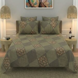 FeelsGood Home Decor | Sage Green Geometric Diamond Checkered King Size Bedsheet with 2 Pillow Covers | Olive & Charcoal | 275cm x 275cm