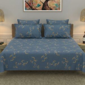 FeelsGood Home Decor | Celestial Blue Floral Vine King Size Bedsheet with 2 Pillow Covers | Sky Blue & Golden Accents | 275cm x 275cm