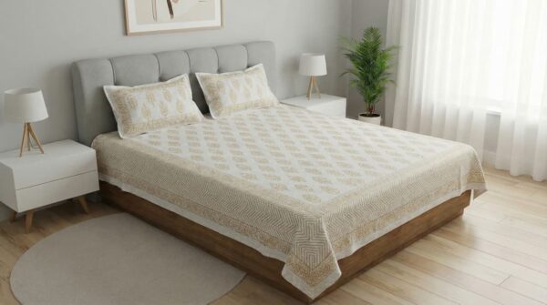 FeelsGood Home Decor ‘Golden Collection’ Premium Cotton Double Bedsheet (90″ x 108″) | Elegant Cream & Gold Ethnic Motif Print with 2 Pillow Covers | Super Soft & Breathable